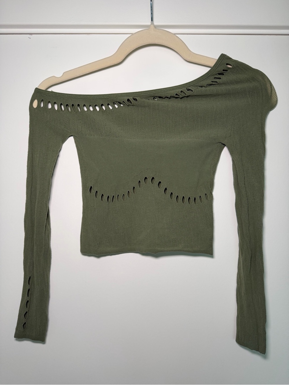 White Fox Boutique Olive Green Off-Shoulder Cutout Sweater